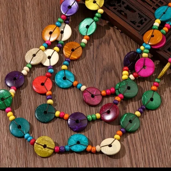 BOHO HIPPIE  COLORFUL WOOD BEAD Coconut Shell  FLOWER NECKLACE NP - Picture 3 of 7